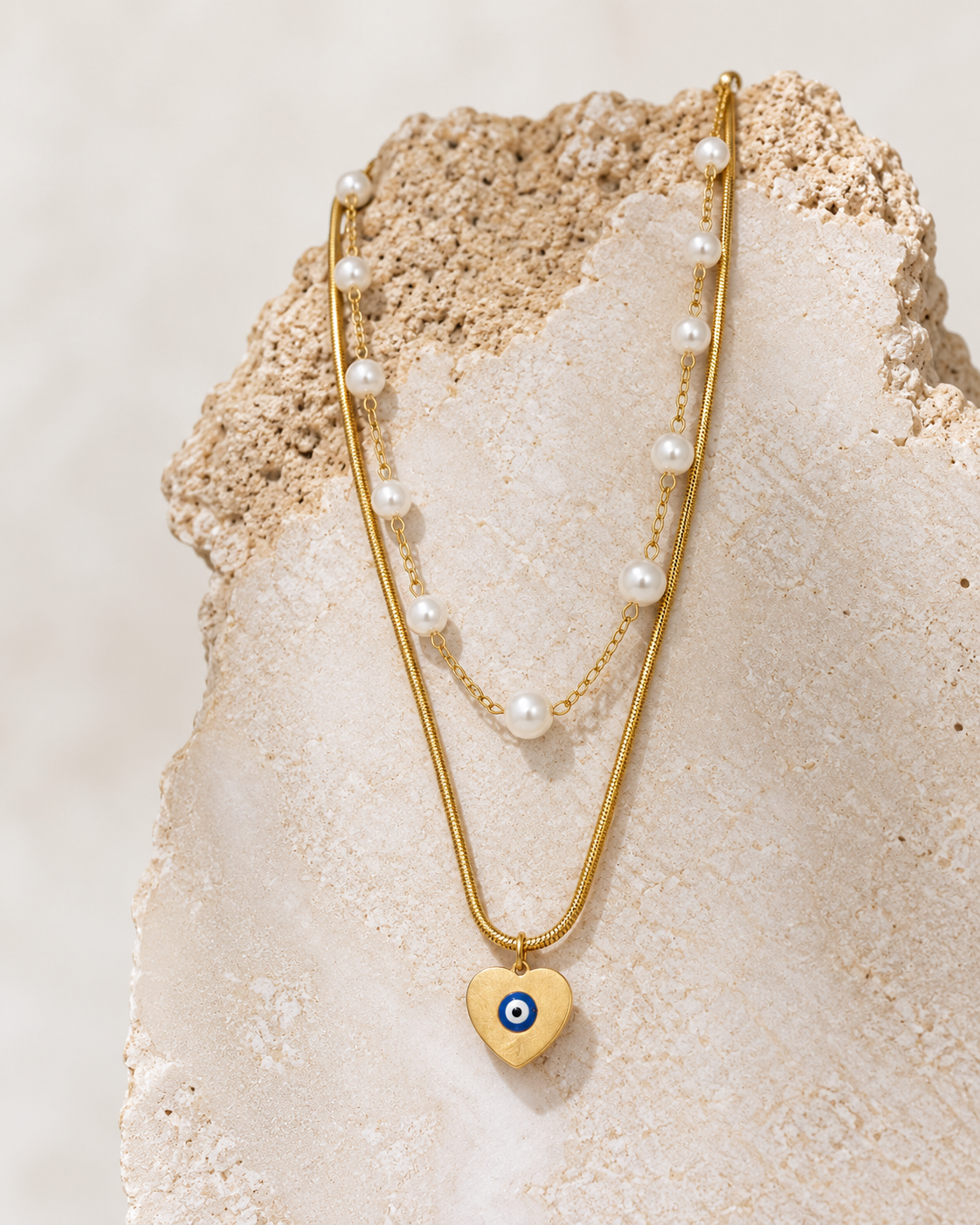 Evil eye pearl duo necklace