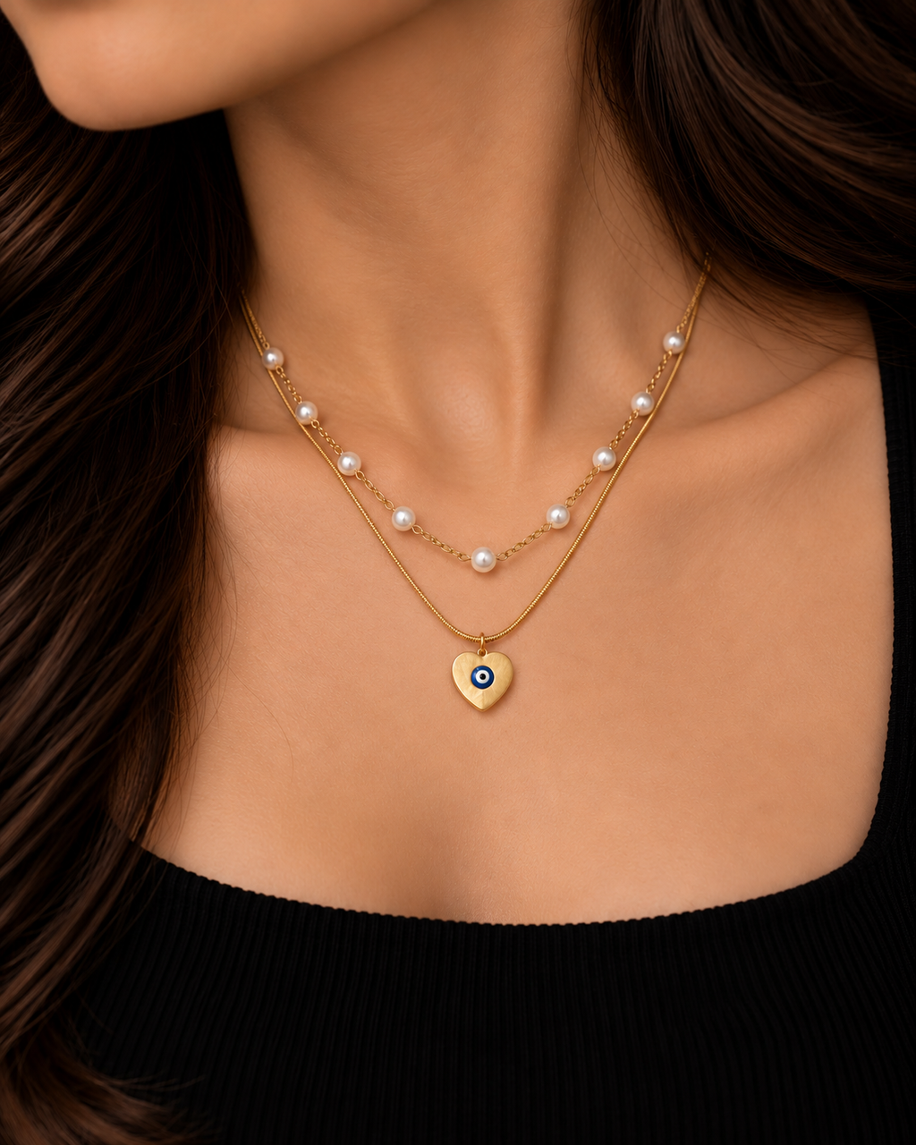 Evil eye pearl duo necklace
